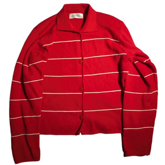 Vtg 1980s Linda Allard Ellen Tracy Red White Striped Collared Wool Cardigan Sz M - Picture 1 of 3